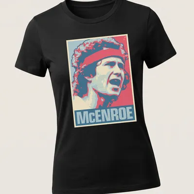 Vintage pop art portrait of John McEnroe in red, blue, cream, and pink — printed on a women's shirt