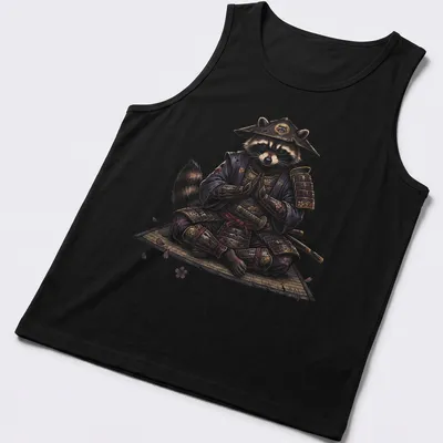 Ukiyo E style illustration of a meditating raccoon samurai in rich colors — printed on a tank top
