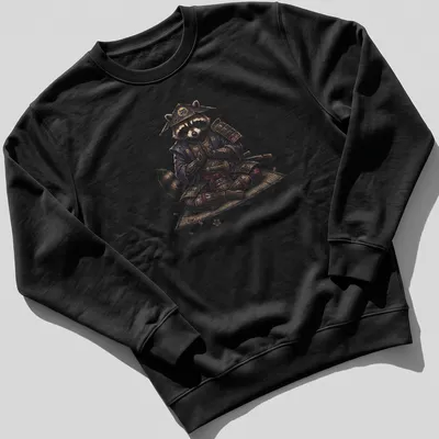 Ukiyo E style illustration of a meditating raccoon samurai in rich colors — printed on a unisex sweatshirt