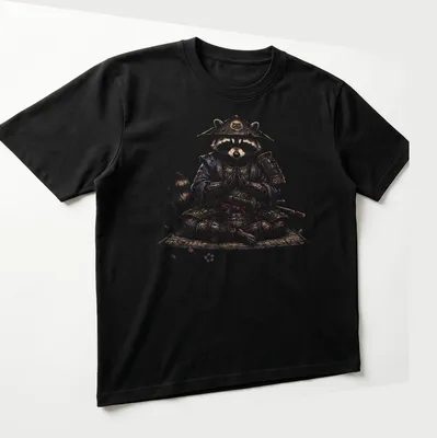 Ukiyo E style illustration of a meditating raccoon samurai in rich colors — printed on a unisex t-shirt (angled view)