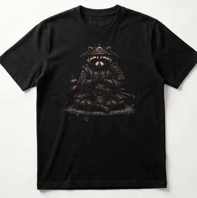 Ukiyo E style illustration of a meditating raccoon samurai in rich colors — printed on a unisex t-shirt