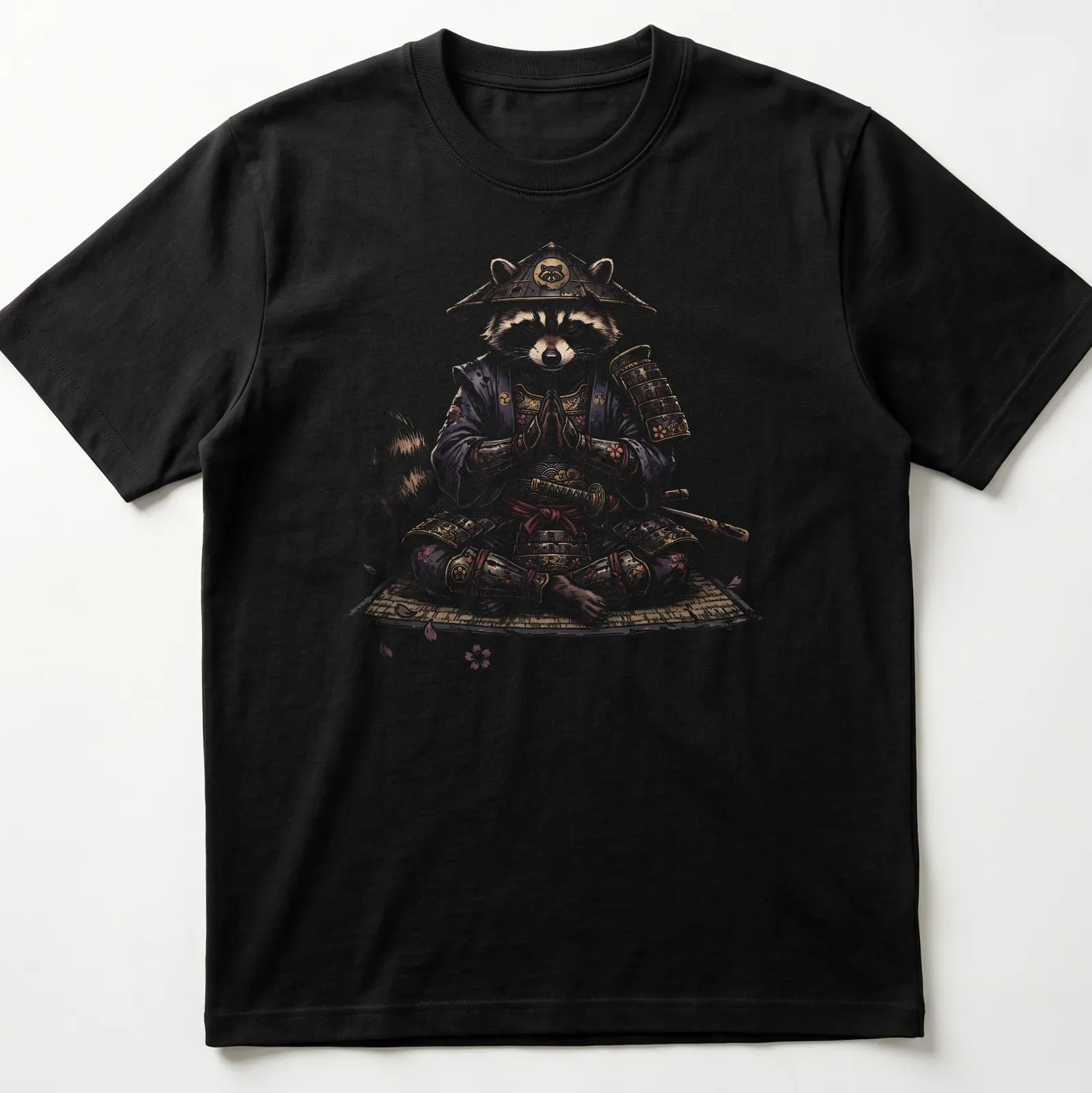 Ukiyo E style illustration of a meditating raccoon samurai in rich colors — printed on a unisex t-shirt