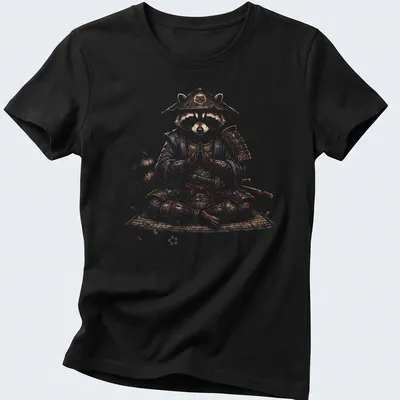 Ukiyo E style illustration of a meditating raccoon samurai in rich colors — printed on a women's shirt