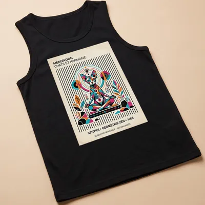 Vintage geometric design featuring a Sphynx cat and text about meditation — printed on a tank top