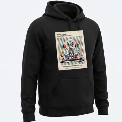 Vintage geometric design featuring a Sphynx cat and text about meditation — printed on a unisex hoodie
