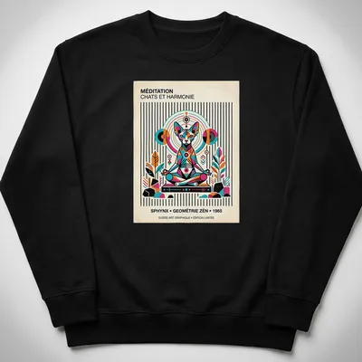 Vintage geometric design featuring a Sphynx cat and text about meditation — printed on a unisex sweatshirt