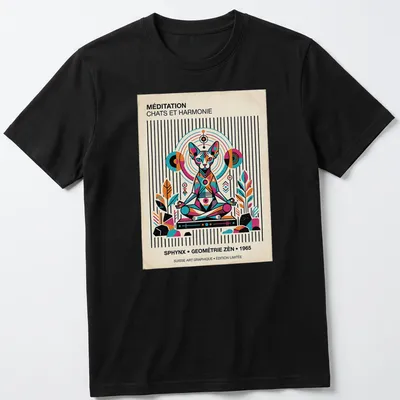 Vintage geometric design featuring a Sphynx cat and text about meditation — printed on a unisex t-shirt