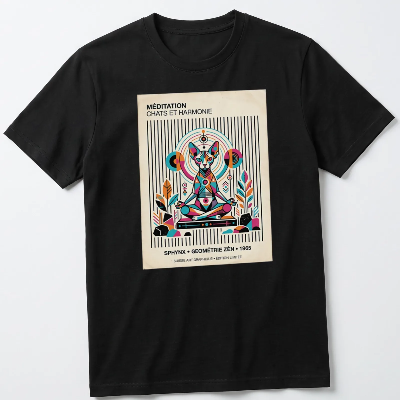 Vintage geometric design featuring a Sphynx cat and text about meditation — printed on a unisex t-shirt