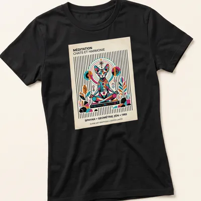 Vintage geometric design featuring a Sphynx cat and text about meditation — printed on a women's shirt