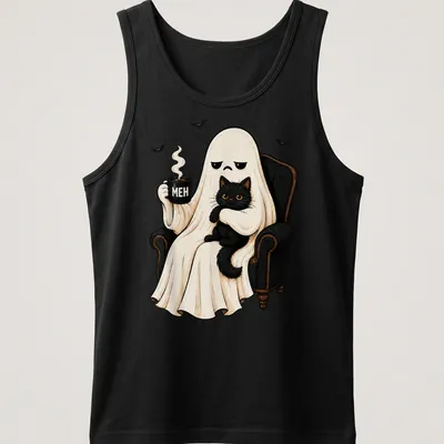 Cartoon ghost holding a black cat with the word 'MEH' in bold letters, in Halloween colors. — printed on a tank top
