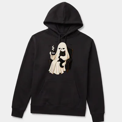 Cartoon ghost holding a black cat with the word 'MEH' in bold letters, in Halloween colors. — printed on a unisex hoodie