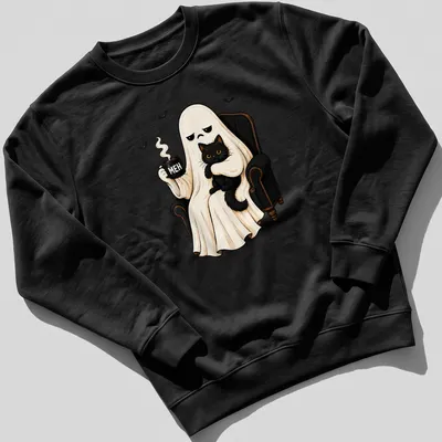 Cartoon ghost holding a black cat with the word 'MEH' in bold letters, in Halloween colors. — printed on a unisex sweatshirt