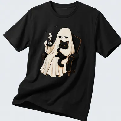 Cartoon ghost holding a black cat with the word 'MEH' in bold letters, in Halloween colors.