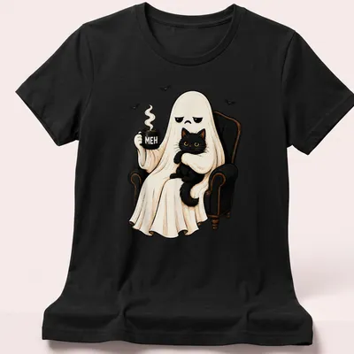 Cartoon ghost holding a black cat with the word 'MEH' in bold letters, in Halloween colors. — printed on a women's shirt