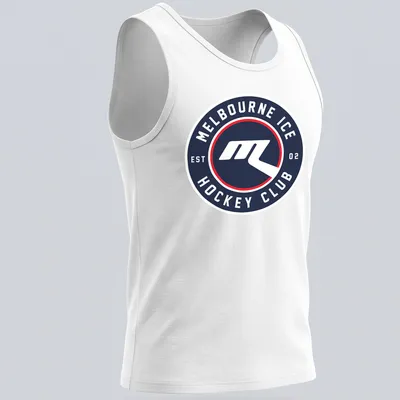 Modern circular logo tee for Melbourne Ice Hockey Club in navy, white, and red. — printed on a tank top