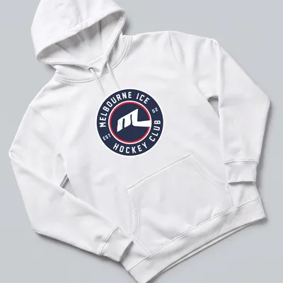 Modern circular logo tee for Melbourne Ice Hockey Club in navy, white, and red. — printed on a unisex hoodie