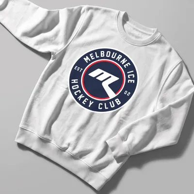 Modern circular logo tee for Melbourne Ice Hockey Club in navy, white, and red. — printed on a unisex sweatshirt
