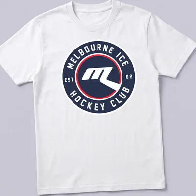 Modern circular logo tee for Melbourne Ice Hockey Club in navy, white, and red.