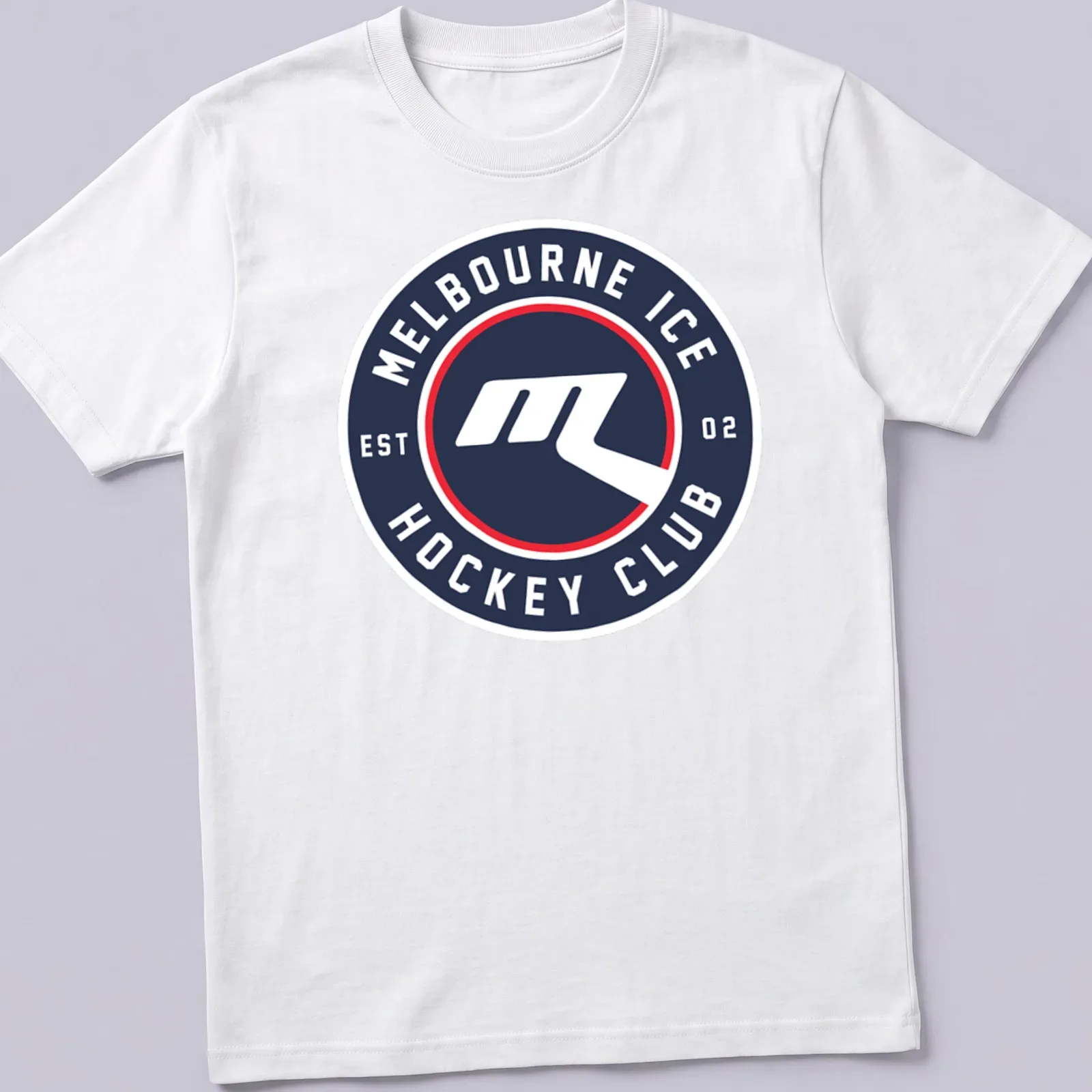 Modern circular logo tee for Melbourne Ice Hockey Club in navy, white, and red. — printed on a unisex t-shirt