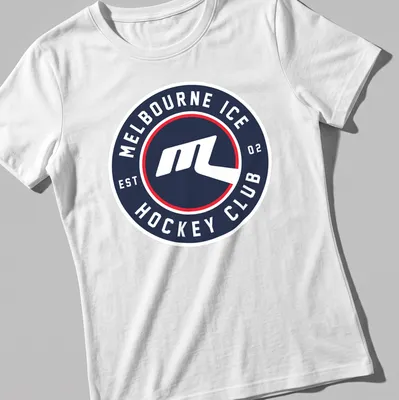 Modern circular logo tee for Melbourne Ice Hockey Club in navy, white, and red. — printed on a women's shirt