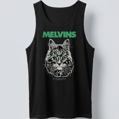 Illustrative print of a four-eyed cat with Melvins concert details in black, green, and white — printed on a tank top
