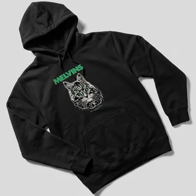 Illustrative print of a four-eyed cat with Melvins concert details in black, green, and white — printed on a unisex hoodie