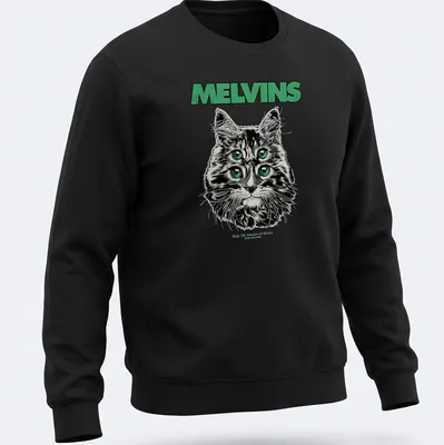 Illustrative print of a four-eyed cat with Melvins concert details in black, green, and white — printed on a unisex sweatshirt