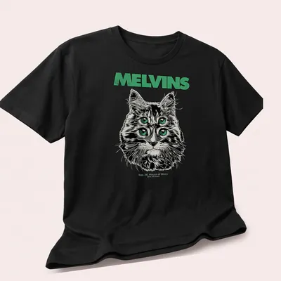 Illustrative print of a four-eyed cat with Melvins concert details in black, green, and white — printed on a unisex t-shirt (angled view)