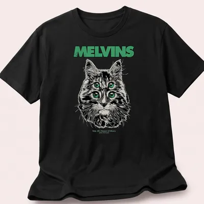Illustrative print of a four-eyed cat with Melvins concert details in black, green, and white — printed on a unisex t-shirt