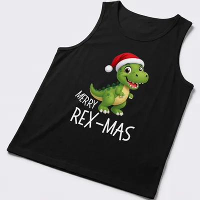 Kawaii dinosaur in a Santa hat with Merry Rex Mas text — printed on a tank top