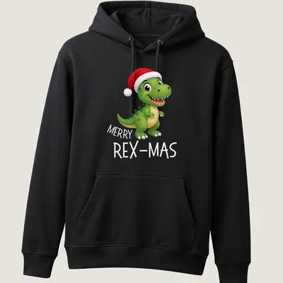 Kawaii dinosaur in a Santa hat with Merry Rex Mas text — printed on a unisex hoodie