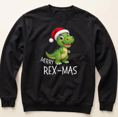 Kawaii dinosaur in a Santa hat with Merry Rex Mas text — printed on a unisex sweatshirt