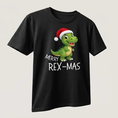 Kawaii dinosaur in a Santa hat with Merry Rex Mas text — printed on a unisex t-shirt (angled view)