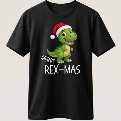 Kawaii dinosaur in a Santa hat with Merry Rex Mas text — printed on a unisex t-shirt