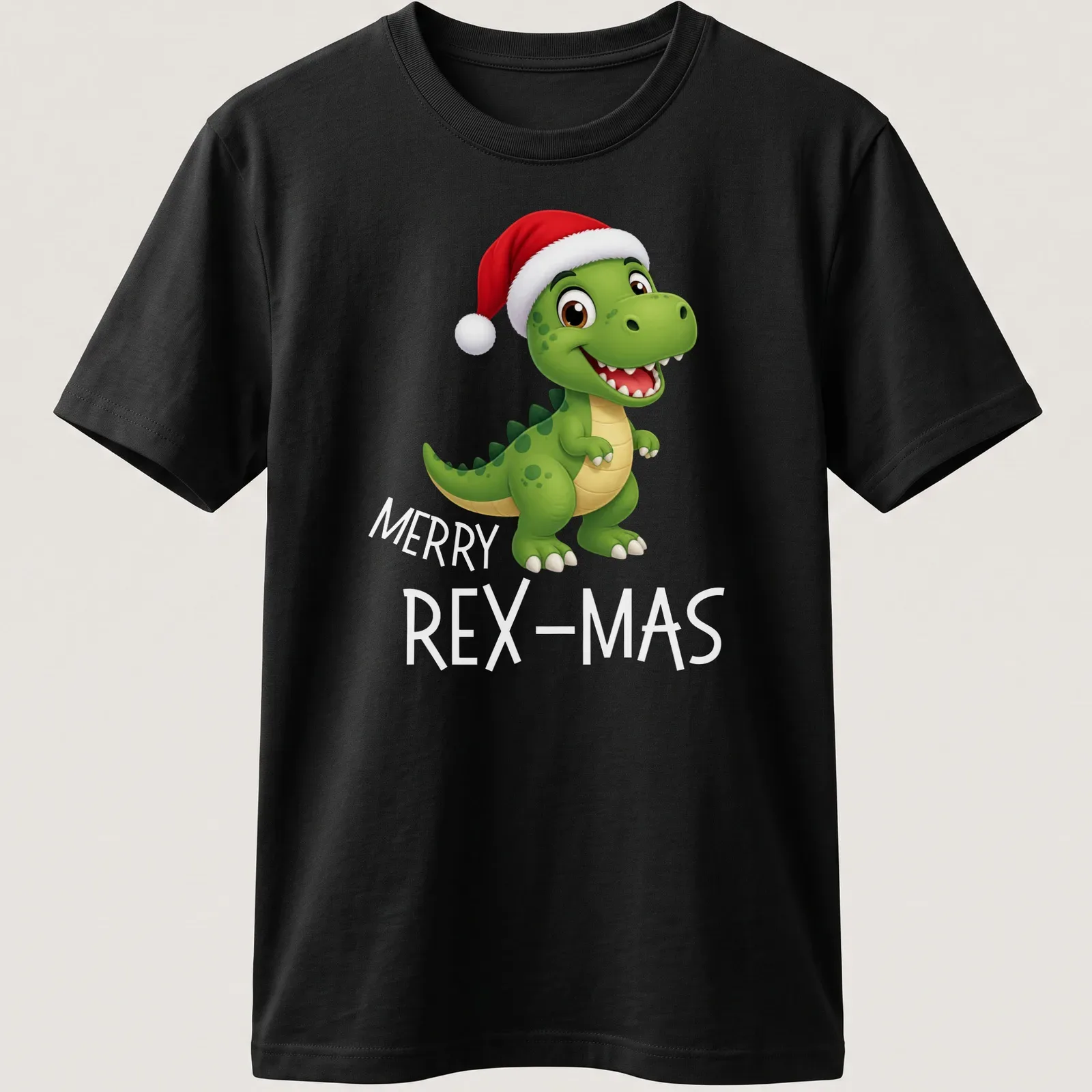 Kawaii dinosaur in a Santa hat with Merry Rex Mas text — printed on a unisex t-shirt