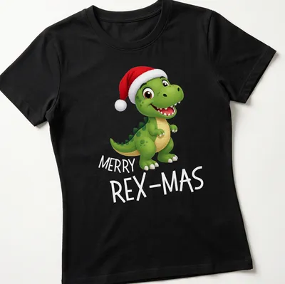 Kawaii dinosaur in a Santa hat with Merry Rex Mas text — printed on a women's shirt