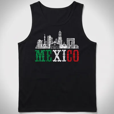 Distressed silhouette of Mexico City skyline with bold 'MEXICO' text in green, white, and red. — printed on a tank top