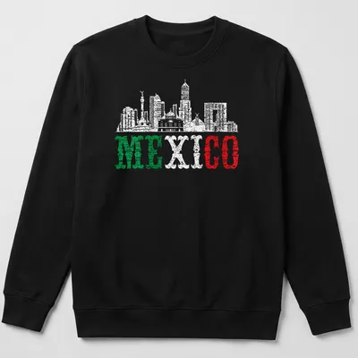 Distressed silhouette of Mexico City skyline with bold 'MEXICO' text in green, white, and red. — printed on a unisex sweatshirt