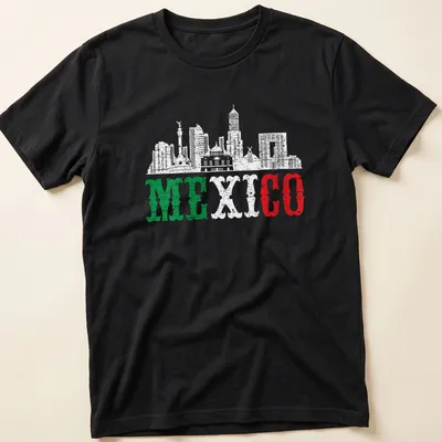 Distressed silhouette of Mexico City skyline with bold 'MEXICO' text in green, white, and red.