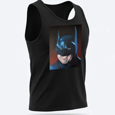 Realistic portrait of Batman in blue, black, red, and white colors — printed on a tank top
