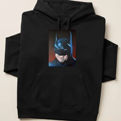 Realistic portrait of Batman in blue, black, red, and white colors — printed on a unisex hoodie