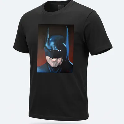 Realistic portrait of Batman in blue, black, red, and white colors