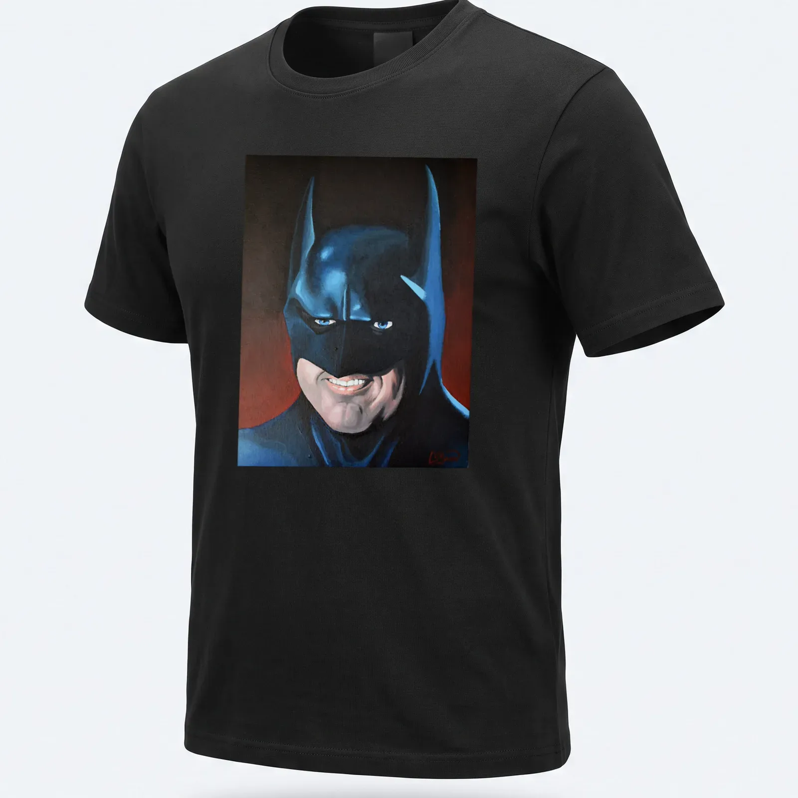 Realistic portrait of Batman in blue, black, red, and white colors — printed on a unisex t-shirt