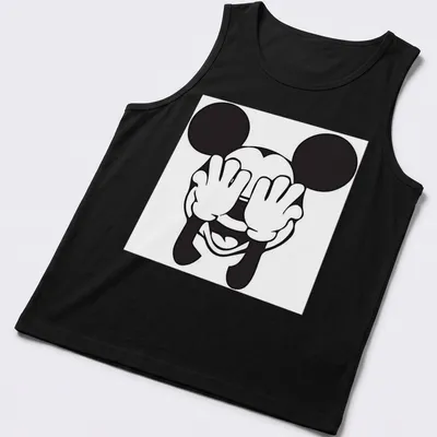 Kawaii line-art of Mickey Mouse covering his eyes in black and white — printed on a tank top