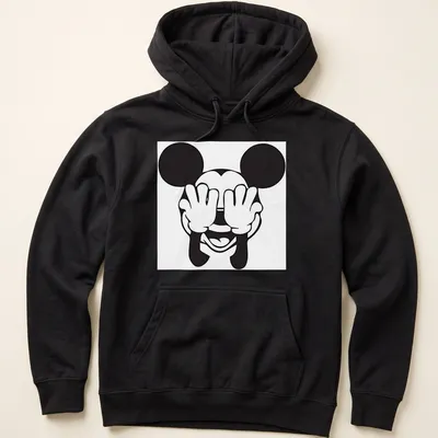 Kawaii line-art of Mickey Mouse covering his eyes in black and white — printed on a unisex hoodie
