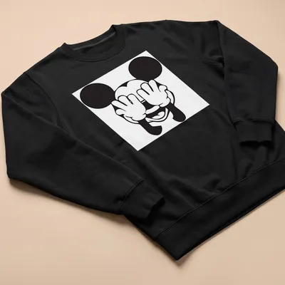 Kawaii line-art of Mickey Mouse covering his eyes in black and white — printed on a unisex sweatshirt