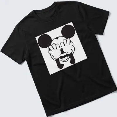 Kawaii line-art of Mickey Mouse covering his eyes in black and white