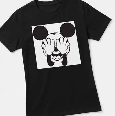 Kawaii line-art of Mickey Mouse covering his eyes in black and white — printed on a women's shirt