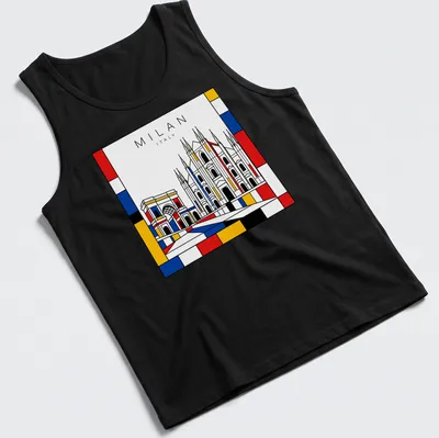 Stylized Milan cityscape featuring cathedral and arch in Mondrian style — printed on a tank top
