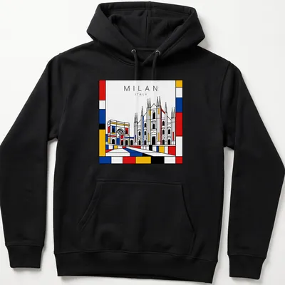 Stylized Milan cityscape featuring cathedral and arch in Mondrian style — printed on a unisex hoodie